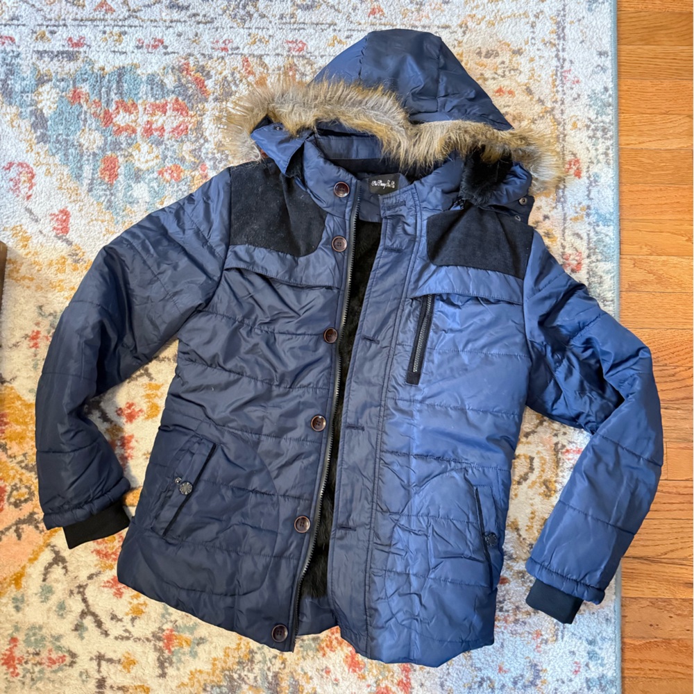 Blue Hooded Jacket with Faux Fur Trim